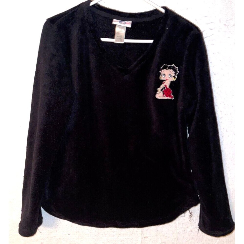Betty Boop Womens L Sleep Shirt Long Sleeve V Neck Pullover Black Pajama Top